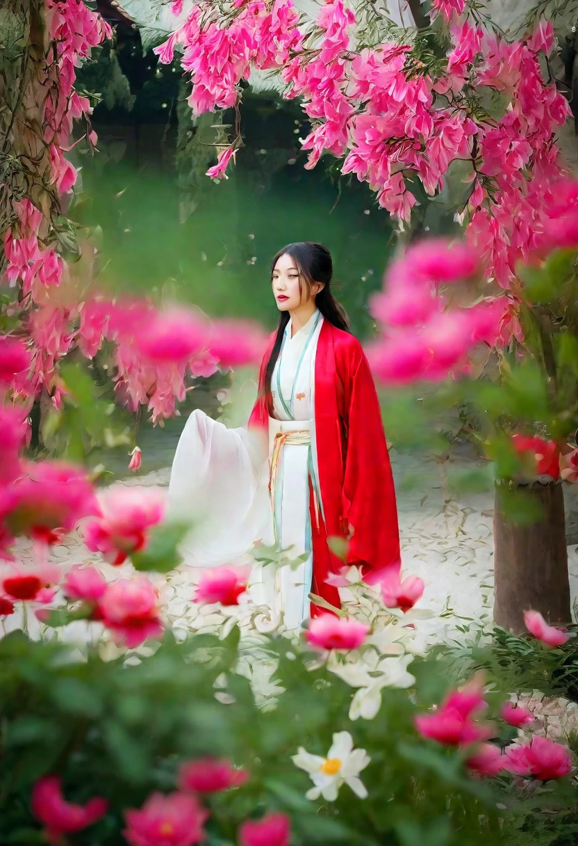 a woman wearing a white dress walking in a garden with red and white peony flowers in the foreground, a girl wearing hanfu traditional chinese clothing, long flowing hair and robe, ancient chinese garden background