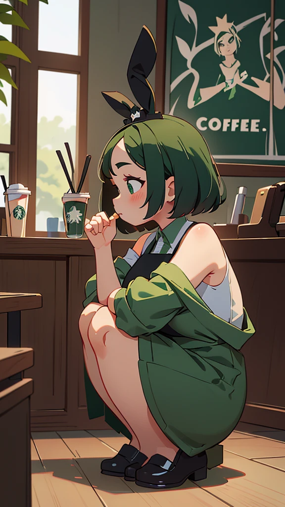 Cool beauty，Looks sweet，bob haistyle, (only wearing dark green starbucks apron, off-shoulders), show clavage, show big thigh, plump body, huge breast, full body photo, squat pose. Wearing black bunny headbe. Side view. nd. In coffee shop.