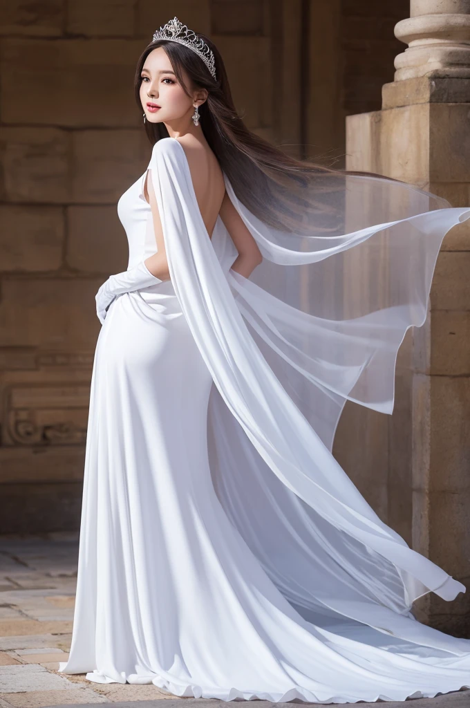 masterpiece,Highest quality,Beautiful woman,White long dress,tiara,Long skirt,Long cape on the back,Wearing white gloves on hands