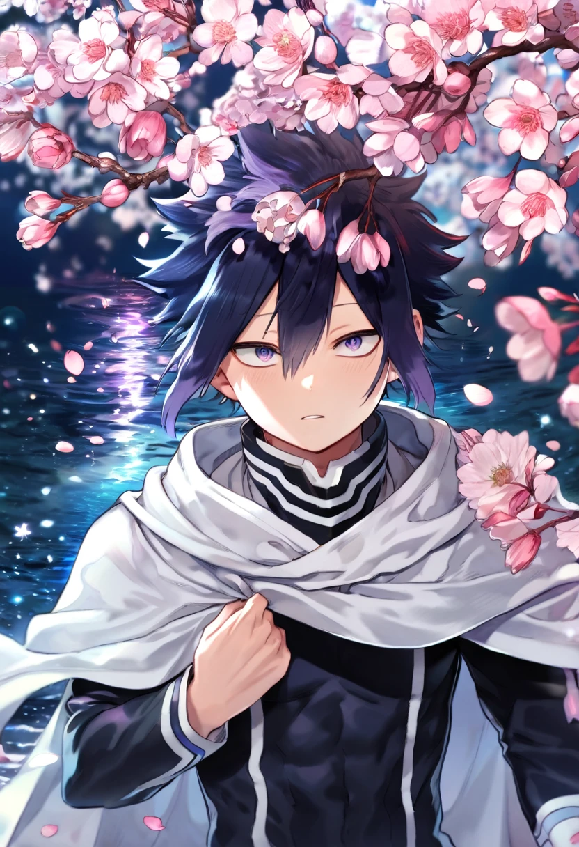 absurdres, highres, ultra detailed, HDR, master piece, Amajiki Tamaki, messy indigo hair, expressive indigo eyes, white cape with a hoddie, Boku No Hero Academia, black clothes, sexy man, handsome, best quality, blossoms, pink petals, pink flowers, water, fantasy, magical, blue shining fireflies, solo, toned chest