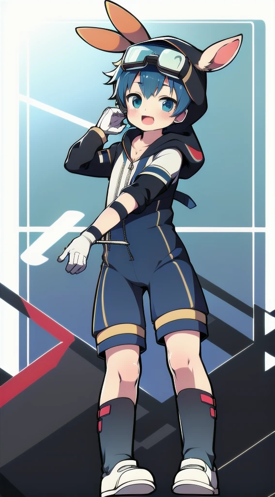 2D Shonen Shota，One-piece mountaineering suit，Slim, healthy body，Put the headphones on your head，stand up，goggles，Rabbit ears，Happy，Sailor collar，tie，zipper，hood