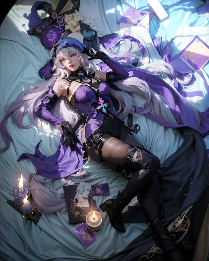 ((BLACK SWAN_HONKAI STARRAIL)),((realistic, photorealistic)),(highlight hair)), Light reflection, (( HD )),((upper body)), (((best quality, masterpiece))), (masterpiece) (best quality) (detail) (8k) (HDR) (wallpaper) (cinematic lighting) (sharp focuasterpiece, best quality: 1.1), Real life adaption of this character, Asian beauty face, Shining green eyes, realistic outfit, realistic shadow, realistic light, realism, hyper realistic,realistic hair, realistic background,(photorealistic:1.2), 1girl, glow purple,Cloth mat background, lying down, hair loose,Hooded,white hair,Reflection of window light,Luxurious candles,glow effect, foreground candle, Particles light,Black Gloves,floating hair,Candles, divination cards, divination balls, deer antler head, white hair with purple gradient, mirror, black gloves,