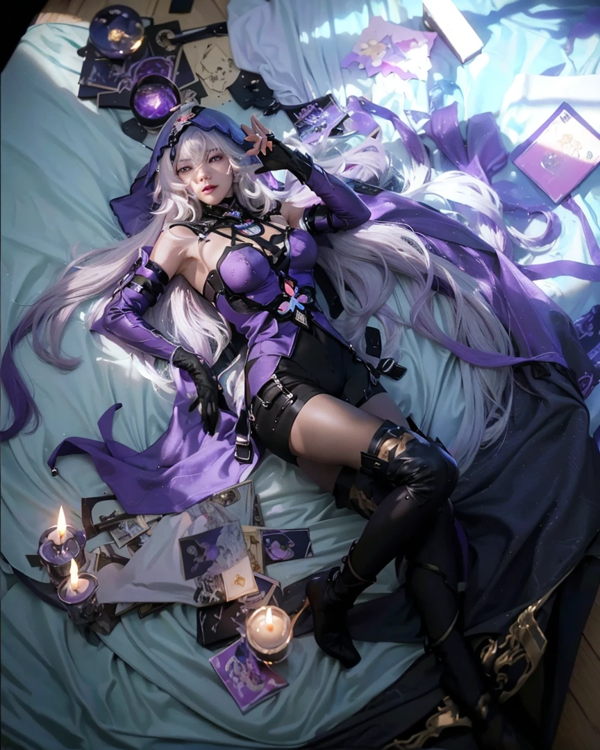 ((BLACK SWAN_HONKAI STARRAIL)),((realistic, photorealistic)),(highlight hair)), Light reflection, (( HD )),((upper body)), (((best quality, masterpiece))), (masterpiece) (best quality) (detail) (8k) (HDR) (wallpaper) (cinematic lighting) (sharp focuasterpiece, best quality: 1.1), Real life adaption of this character, Asian teen beauty face, Shining green eyes, realistic outfit, realistic shadow, realistic light, realism, hyper realistic,realistic hair, realistic background,(photorealistic:1.2), 1girl, glow purple,Cloth mat background, lying down, hair loose,Hooded,white hair,Reflection of window light,Luxurious candles,glow effect, foreground candle, Particles light,Black Gloves,floating hair,Candles, divination cards, divination balls, deer antler head, white hair with purple gradient, mirror, black gloves,