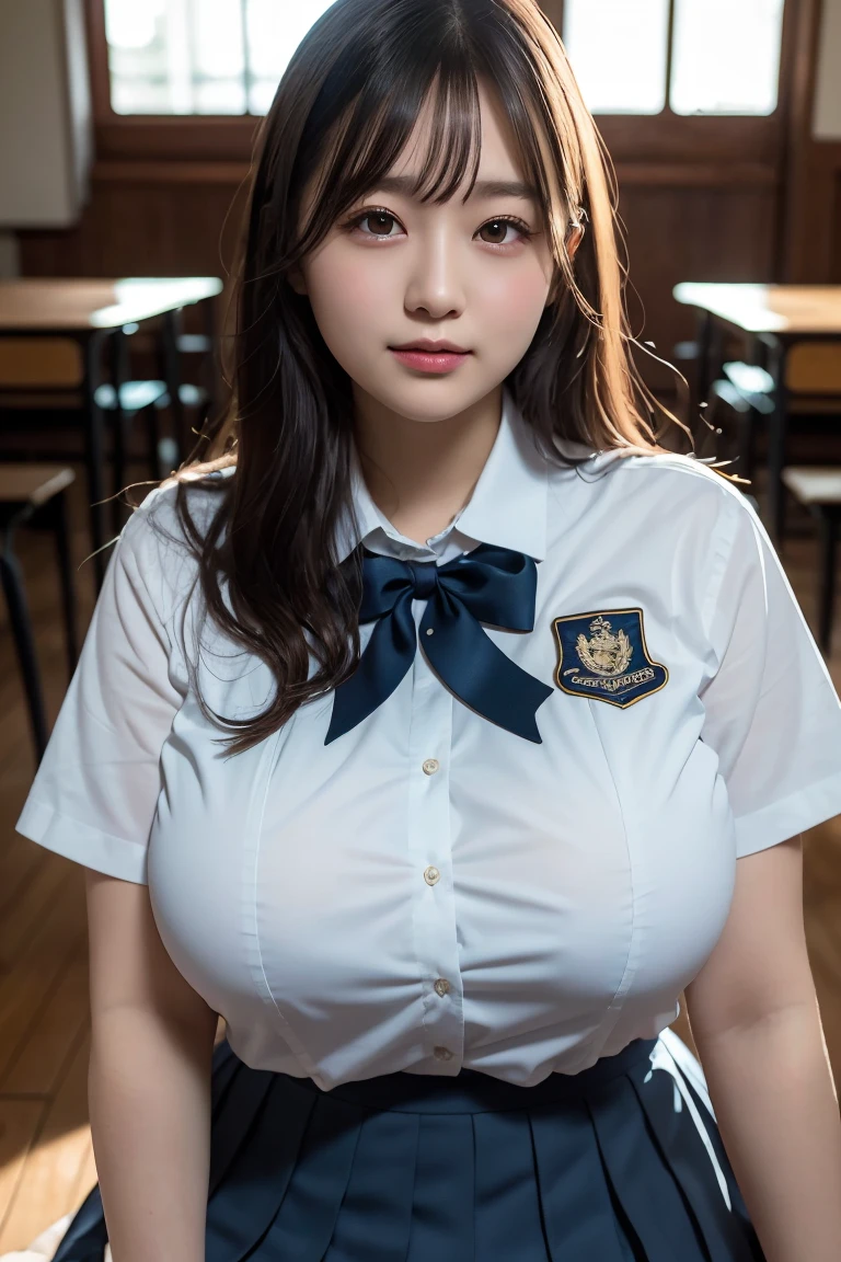 (Best quality,masterpiece,ultra detailed,8K,RAW photo,realistic,high resolution:1.2),(Pretty Japanese girl),(Super huge tits:1.4),(light brown hair),(school uniform,white shirt,pleated skirt:1.4),(voluptuous:1.5),(shoulder length),(light smile),(chubby:1.5)