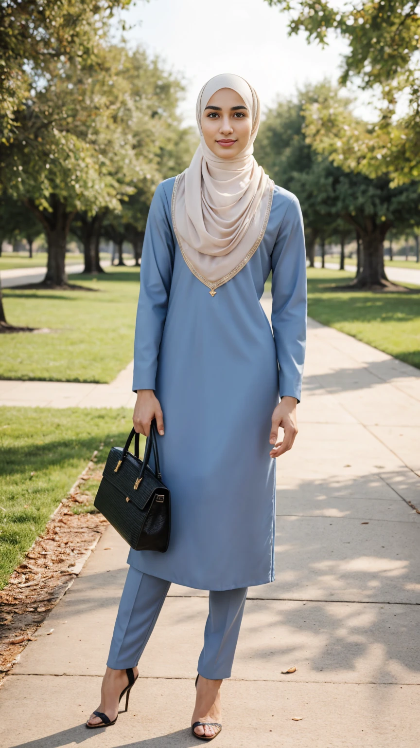 A thin and delicate man with detailed masculine face features and cute face wearing a perfect hijab, no hair seen, modern Muslim women dress, heels, and holding a hand bag. He is standing in the park with cute expression and pose.