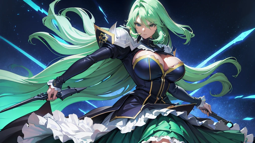 (high detailed)) 27 yo's woman, light cyan hair, green Pandora's clothes,big And round breasts, gorgeous thicc plump body,angry expression,furious eyes,Green satellizer's outfit,Very long skirt, holding handblade, dynamic pose, action position, mouth opended, perfect anatomy