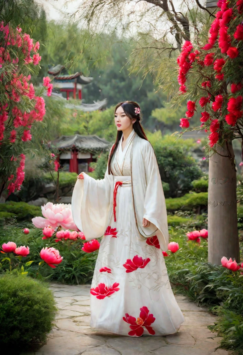 a woman wearing a white dress walking in a garden with red and white peony flowers in the foreground, a girl wearing hanfu traditional chinese clothing, long flowing hair and robe, ancient chinese garden background