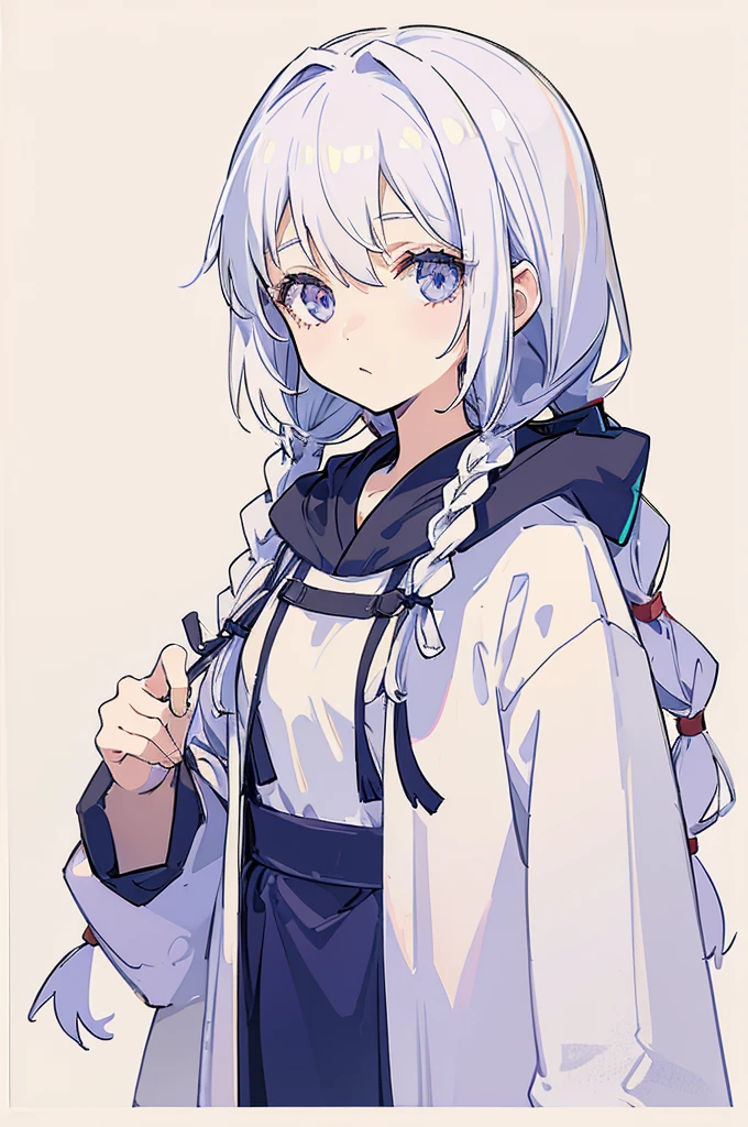 1girl, white hair, small breasts, hoodie oekaki, k aiu, simple background, portrait, twin braids,
