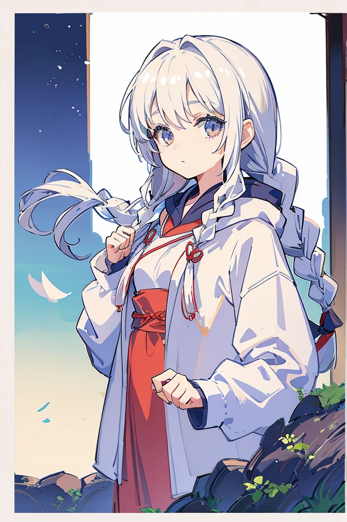 1girl, white hair, small breasts, hoodie oekaki, k aiu, simple background, portrait, twin braids,