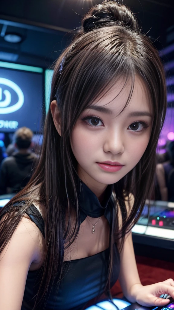 (nsfw:1.5), masterpiece, 1 beautiful girl, Detailed eyes, Swollen eyes, Highest quality, 超High resolution, (reality: 1.4), Light, Japanese, Asian Beauties, Very very beautiful, Beautiful skins, Slender, Forward-facing body, (超reality的な), Staring at the audience、(High resolution), (8K), (Very detailed), ( Best illustrations), (Beautiful and detailed eyes), (Ultra-detailed), Detailed face, Bright lighting, Professional Lighting、The background is a cyberpunk room with many monitors..、The cord is connected to the costume.、Hair color is pink twin tails、Put the headset on your head、Female game commentator、animation