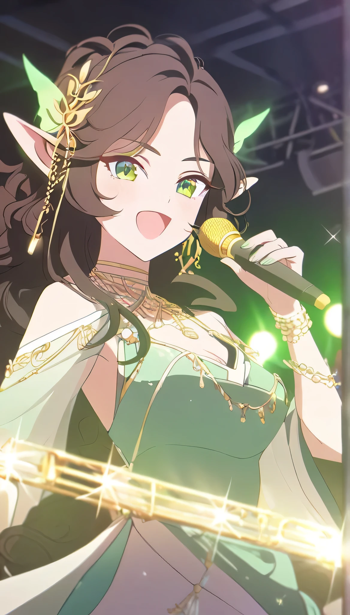 1femboy, elven ears, symphony god, sweet brown hair, long curly hairstyle, glowing green eyes, concert, idol, elegant thai clothes,