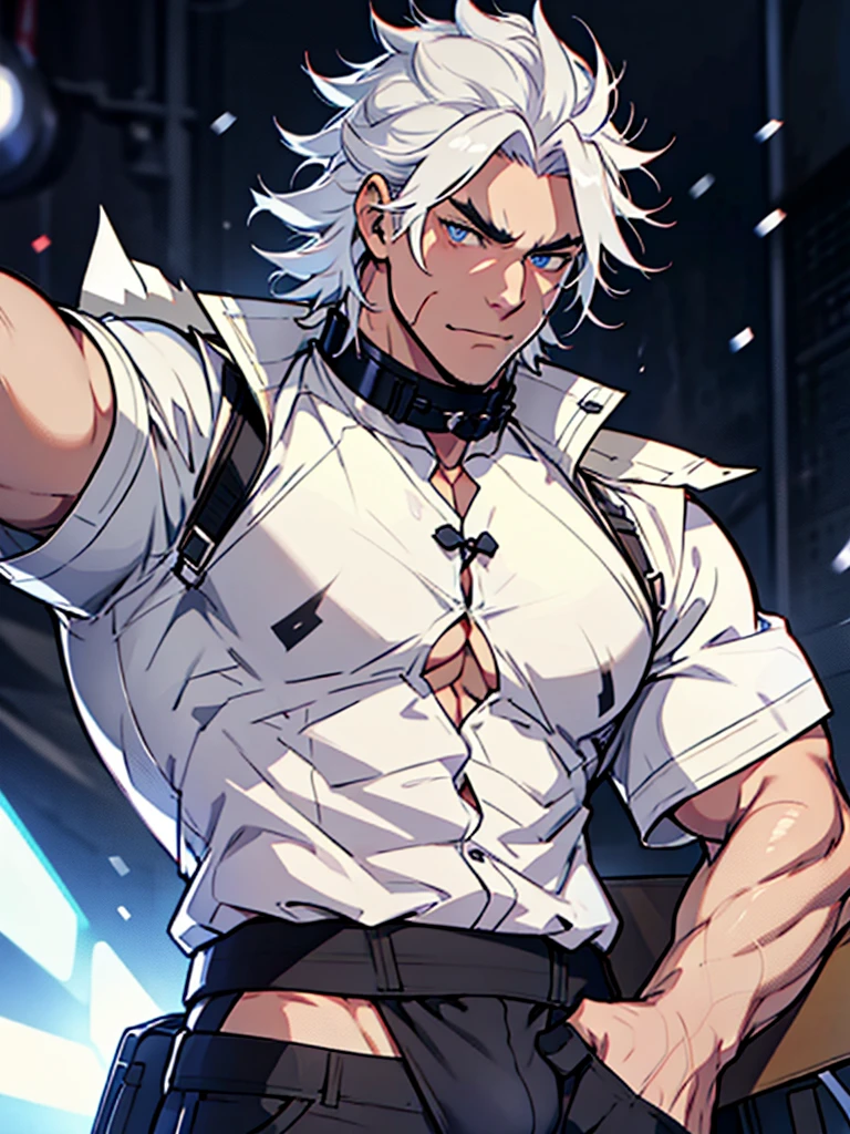 A handsome male, he has white hair, almost always disheveled, and always combed up, like the hair of the character Satoru Gojo from the anime Jujutso Kaisen, but he has a certain look to him. He is tall, with broad shoulders, muscular. His face is very masculine, but he has really kind eyes. Extremely attractive crystal blue eyes, a sleazy face. The eyelashes, as well as the hair and eyebrows are white as snow, but without being exaggerated. large bulge. pants pants. black high collar shirt, a very attractive man. 