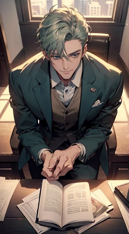 (best quality, masterpiece, 8K, photorealistic, cinematic lighting, 1:4 hdr image, top view, ultra detailed, beautiful image), a mature man, very handsome, short grey green hair, blue eyes, perfect face without errors , ((buttoning his jacket, CEO)), smile in love.