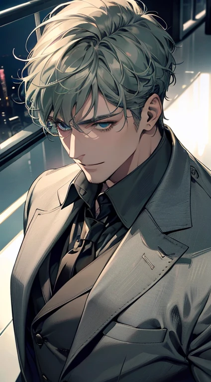 (best quality, masterpiece, 8K, photorealistic, cinematic lighting, 1:4 hdr image, top view, ultra detailed, beautiful image), a mature man, very handsome, short grey green hair, blue eyes, perfect face without errors , ((buttoning his jacket, CEO)), smile in love.