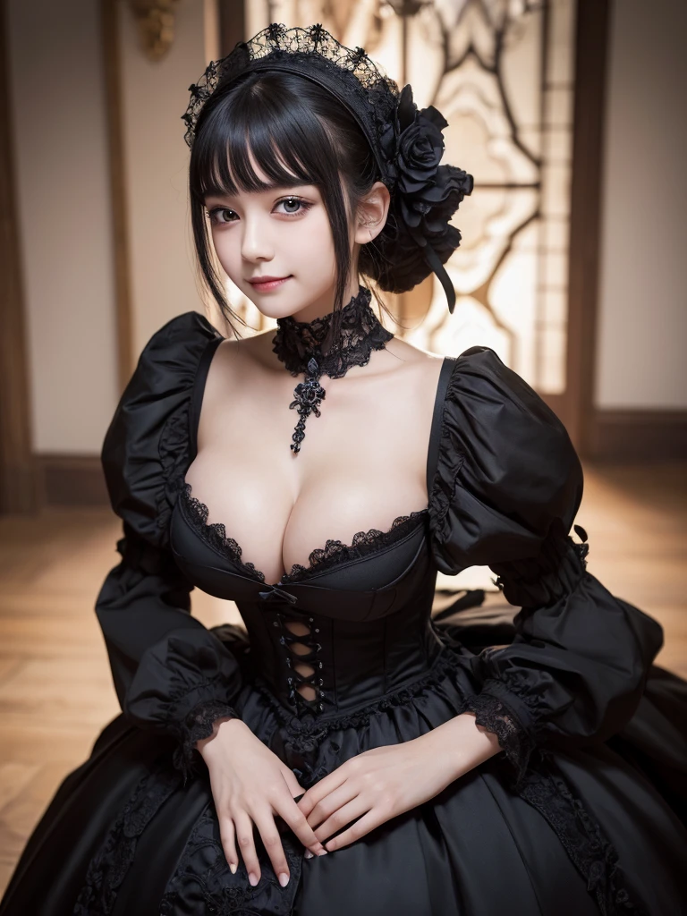 masterpiece, Highest quality, figure, Super detailed, In detail, High resolution, 8k wallpaper, Perfect dynamic composition, Beautiful attention to detail, Gothic Lolita, Frilled Skirt, (Black Hair 1.2), (:1.4), , nice pose, sneer, Mansion, 18-year-old girl, nice, (cute:1.3), (Beauty:1.5),  shot looking at camera, Looking from above, smile, Downer, Cool, boyish, Looks sleepy, smile, Portraiture, Gothic Makeup, 