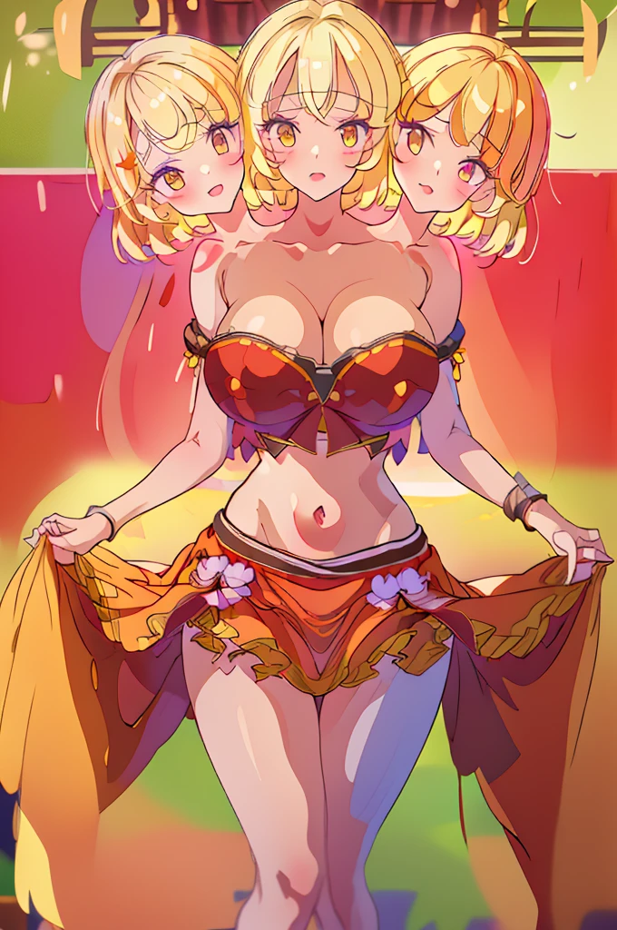 (masterpiece, best quality), best quality, (ultra-detailed), (3heads:1.5), 1girl, (ultra-detailed), (3heads:1.5), 1girl, (shizuha aki:1.3), masterpiece, (best quality:1.5, highres, UHD), highres, absurdo, ultra detail, ultra quality, Ultra resolution, red top, crop top, ((stomach)), midriff, ((groin)), red skirt, normal ears, shackles, blonde hair, very long hair, wavy hair, sidelocks, yellow-orange eyes, parted lips, ((very detailed eys)), very beautiful eyes, sweat, cute, toned belly, hand on own chest, eyelashes, (24 year old woman:1.3), (masterpiece:1.5), (best quality:1.5), (beautiful detailed eyes), extremely detailed CG, extremely delicate and beautiful, depth of field, (finely detailed face), (perfect details:1.2), (mature female:1.3), wide pelvis, slender, large veiny breast, 16k resolution, highres, very high quality, very high definition, extremely detailed, masterpiece, blonde hair, long hair, alluring presence, twin braid, short skirt, close up, very big tits, huge tits, young,