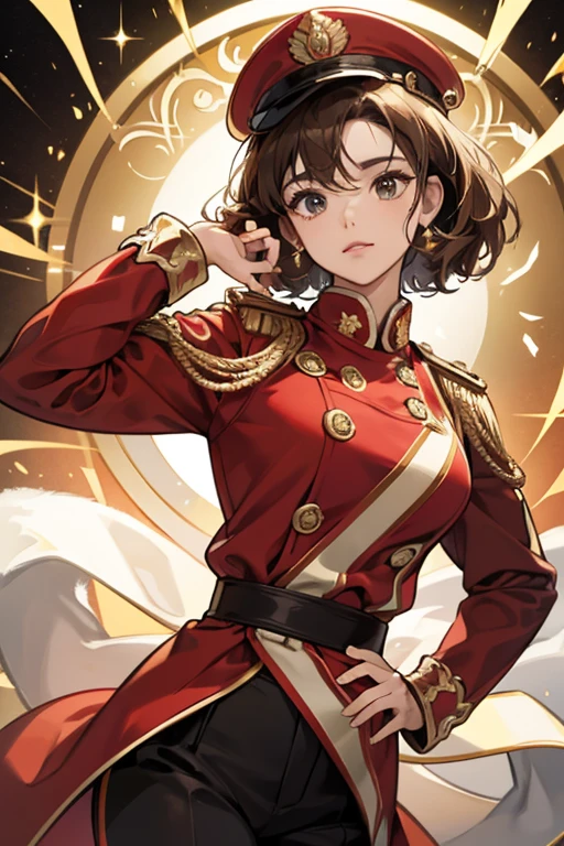 she has light-brown hair styled in a short curly bob, with spiral-shaped ahoges on each side of her head sHe wears  red Army Band uniform, which has black cuffs and collar and golden trimming. Her pants are also black with red stripes and her hat is black with a red stripe, a gold emblem in the center. sHe sometimes wears a golden sash over her right shoulder.  SPARKLE; GLITTER