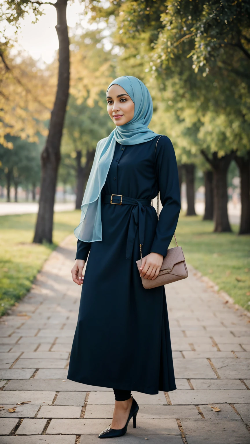 A thin and delicate man with detailed masculine face features and cute face wearing a perfect hijab, no hair seen, modern Muslim women dress, heels, and holding a hand bag. He is standing in the park with cute expression and pose.