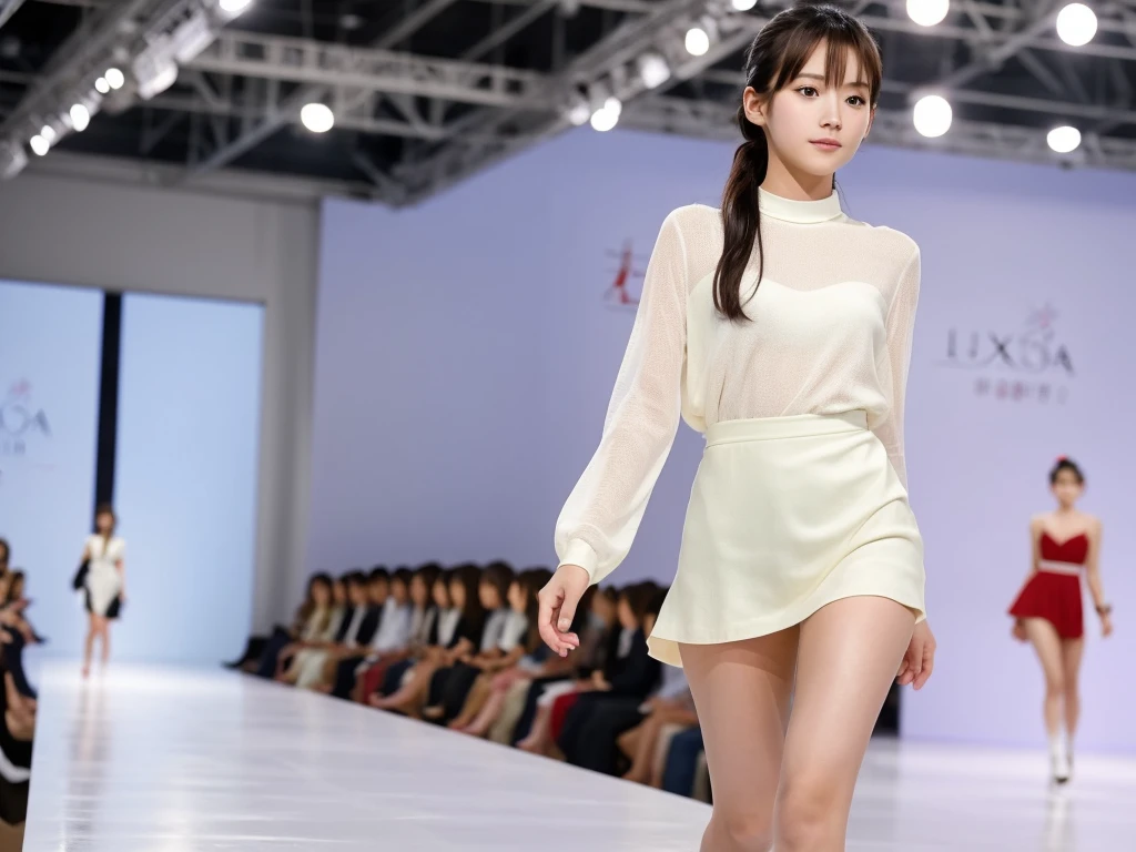 An extremely beautiful Japanese high school girl race queen who highlights her beautiful legs、She was photographed walking down the runway at a fashion show wearing Luxa&#39;s new underwear.、She is an eternal idol who combines a clean look with modern charm.。 She creates such beauty。 She feels her own warmth。 She creates a warm atmosphere。 We create beauty。 That&#39;s what I want to say。 In her full body photo、The figure features porcelain-like skin and golden hair that radiates a soft glow.。 This is probably、It captured the essence of her timeless charm.、This is the best shot ever.。 Each straight line and curve is carefully expressed.、Breathtakingly beautiful with impeccable detail。 This piece perfectly captures her timeless beauty.。 Divine Proportions、Sharp focus、Full-body photo taken by Kishin Shinoyama、high quality、High resolution、Detailed Background
