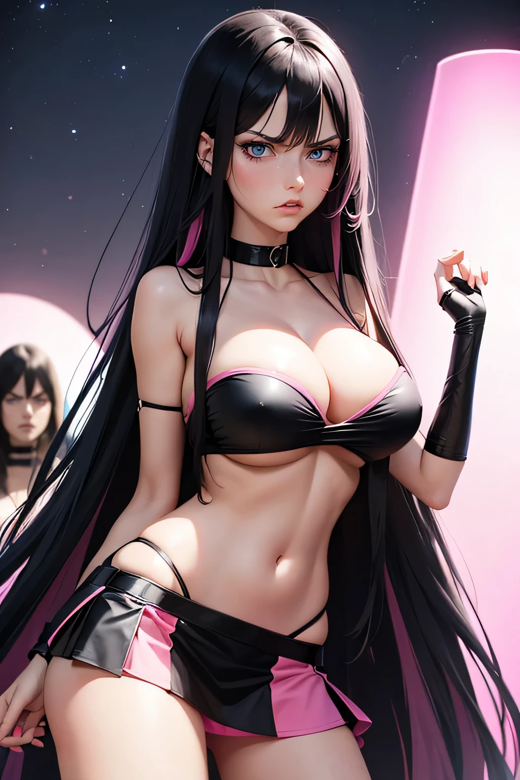 Woman, Tall Woman, Long Hair, Black Hair, Pink Hair, (Black and Pink Hair),Bright Blue Eyes, glowing eyes, large Breasts, Red Mini Skirt, White Tube Top, night sky, disgusted expression, ((annoyed expression)) 