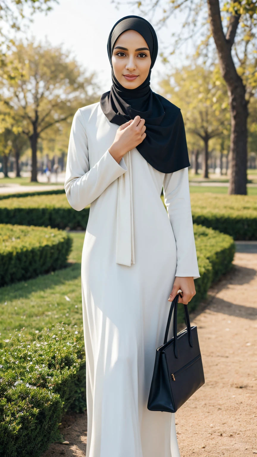 A thin and delicate man with detailed masculine face features and cute face wearing a perfect hijab, no hair seen, modern Muslim women dress, heels, and holding a hand bag. He is standing in the park with cute expression and pose.