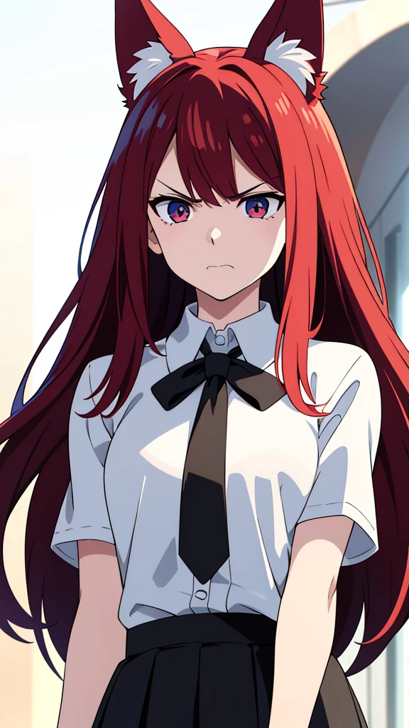 Symmetrical Eyes, age late 20,1girl ,angry face,white shirt,short sleeves,(black standard tie),white school skirt,(red hair),long hair,fox ears,Shot from below,university balcony,(expressive eyes, perfect face),face focus, face closeup, face