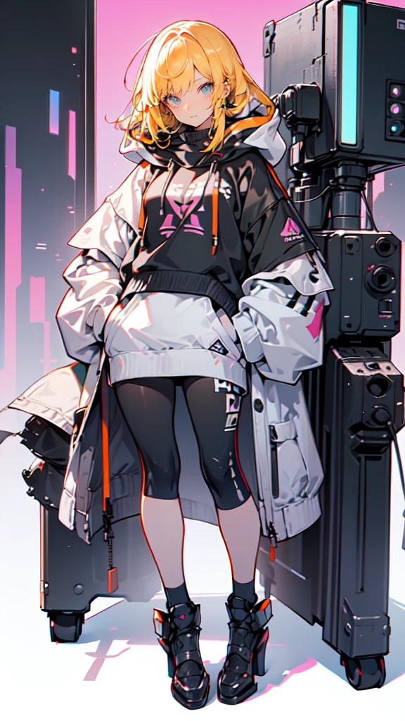 a girl with long yellow hair, blue eyes, wearing an orange hoodie and black heels, in a cyberpunk setting with her hand in her pocket, pink background