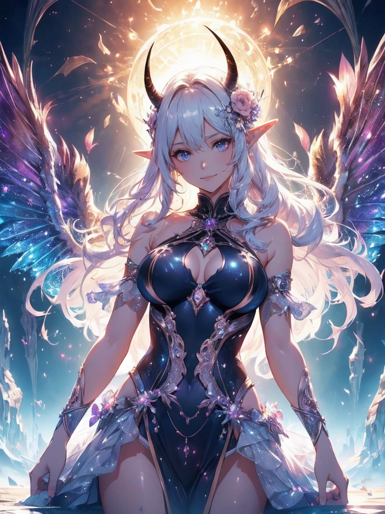 最高quality、1 woman elf、Succubus、(( cowboy shot ))、beautiful瞳、beautiful装飾のパンティ、Devil decoration on head、Ice tiara、Ice Sword、最高quality , fractal art.Ice Throne、Ice Palace、Bikini Armor、beautiful大きなお尻、 ((smile、))((see-through underwear ))SMqueen、beautiful横顔、Orgasm、Ecstasy、Devil's World、ice World、Bigger on the front、 beautiful輝き,High-definition depiction, Realistic, 8K, Unity, beautiful太もも,,Giant Devil's Wings、虹colorに輝く翼、、 light smile, Beautifully and vividly drawn, , beautiful beautiful透き通る肌、輝くbeautiful装飾の魔法、Giant horns、 demon king、、beautiful装飾の角、 , beautiful、 Romanticism,mosquito。 混沌の最もbeautiful形, Mr..々 Intertwined flowers, P article,Magical gentle light,smile,,image quality、masterpiece、beautiful顔、Super beautiful elf woman((Big breasted 22 year old office lady、Bust 120,Beautiful long ironed hair、Silver Hair、height: 165cm。、Esbian、、高quality、、Visual Arts、最high quality、1 woman elf NP: Worst quality ,beautiful fractal art Marble pillar、、、light、Beautiful radiance,High-definition depiction, Realistic, 8K, Unity, , light smile, Beautifully and vividly drawn, , Beautiful, beautiful, clear skin、 ((see-through BLACK dress,))Countless rays of light pouring down, Swirling Light, big background, , Intense light is emitted from the magic circle in front of the girl. Romanticism,Cowboy Shot: quality