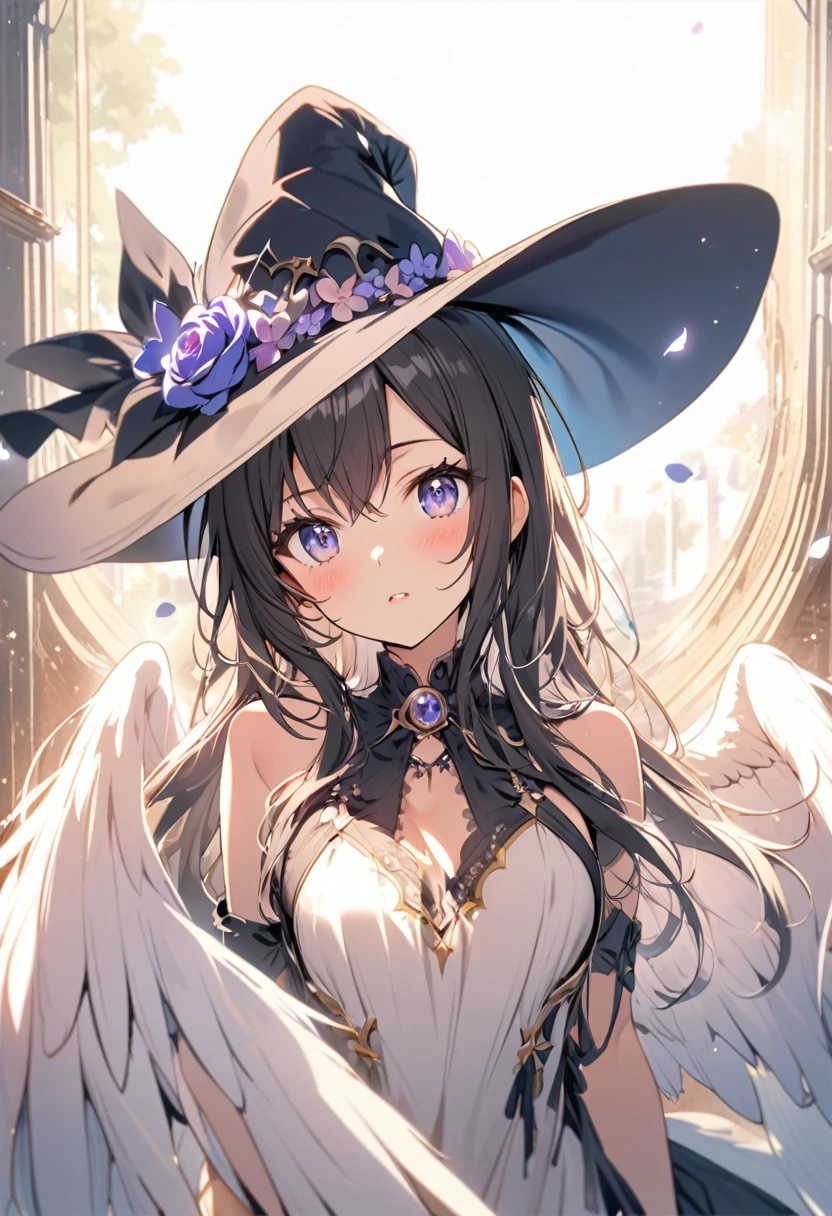a beautiful woman with a witch's hat, angel wings,