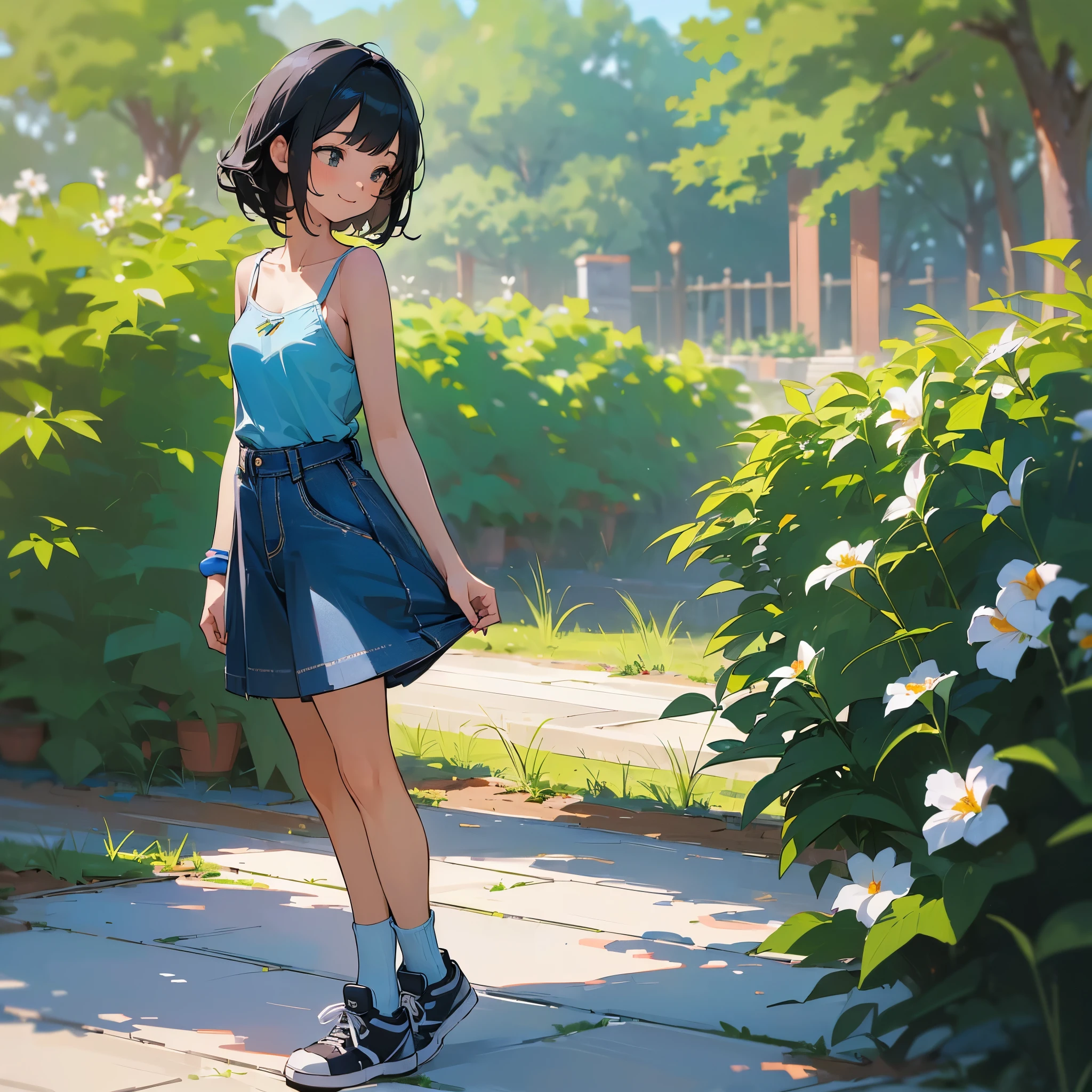 (high quality, High resolution, Very detailed, reality:1.37), Peaceful atmosphere, (Outdoor, garden), age girl standing alone, (my breasts are big.), Beautiful details, Cute Smile, (Black bob hair), camisole, Denim skirt, Blue socks, sneakers.