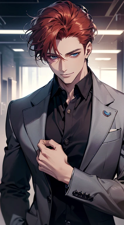 (best quality, masterpiece, 8K, photorealistic, cinematic lighting, 1:4 hdr image, top view, ultra detailed, beautiful image), a mature man, very handsome, short grey red hair, grey blue eyes, perfect face without errors , ((buttoning his jacket, CEO)), smile in love.