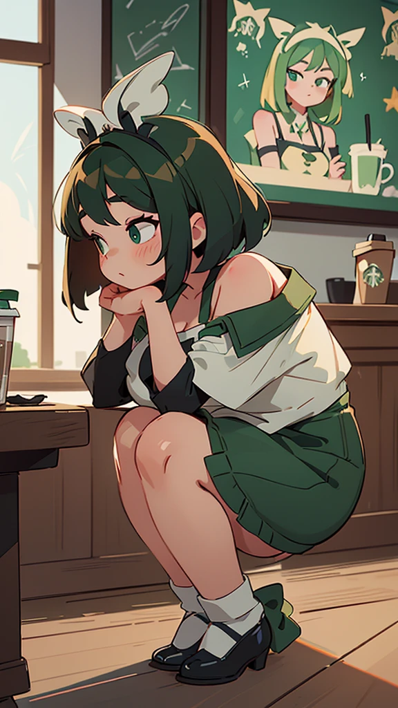 Cool beauty,Looks sweet,bob haistyle, (only wearing dark green starbucks apron, off-shoulders), show clavage, show big thigh, plump body, huge breast, full body photo, squat pose. Wearing black bunny headbe. Side view. nd. In coffee shop.