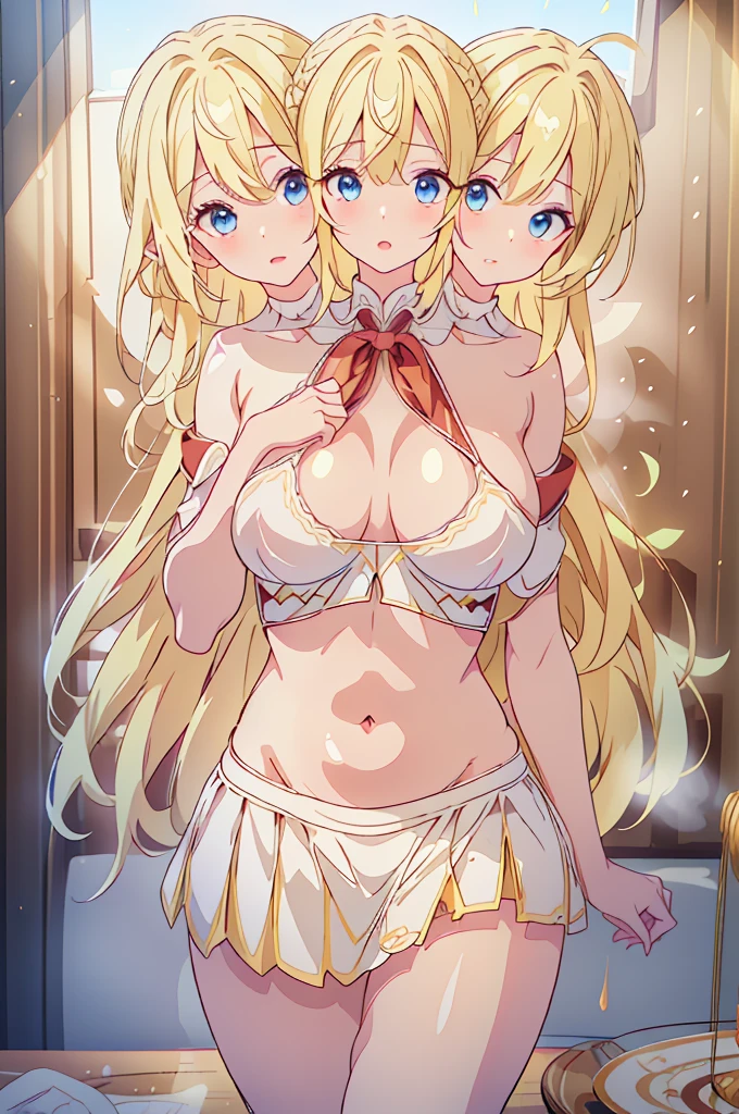 (masterpiece, best quality),best quality, best resolution, (ultra-detailed), (3heads:1.5), 1girl, (lily white:1.3), masterpiece, best quality, ultra quality, ultra resolution, ultra detail, white top, crop top, ((stomach)), midriff, ((groin)), white skirt, normal ears, shackles, yellow hair, very long hair, wavy hair, sidelocks, blue eyes, very detailed eyes, very beautiful eyes, parted lips, sweat, cute, open belly, toned belly, hand on own chest, eyelashes, (23 year old woman:1.3), (masterpiece:1.5), (best quality:1.5), (beautiful detailed), extremely detailed CG, extremely delicate and beautiful, depth of field, (finely detailed face), (perfect details:1.2), (mature female:1.3), wide pelvis, slender, large veiny breast, 16k resolution, highres, high quality, high definition, extremely detailed, masterpiece, yellow hair, long hair, alluring presence, braid, short skirt, close up, very big tits, huge tits, young, exposed midriff,