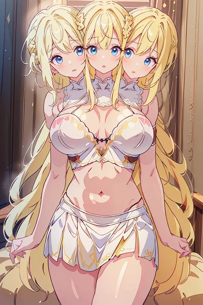 (masterpiece, best quality),best quality, best resolution, (ultra-detailed), (3heads:1.5), 1girl, (lily white:1.3), masterpiece, best quality, ultra quality, ultra resolution, ultra detail, white top, crop top, ((stomach)), midriff, ((groin)), white skirt, normal ears, shackles, yellow hair, very long hair, wavy hair, sidelocks, blue eyes, very detailed eyes, very beautiful eyes, parted lips, sweat, cute, open belly, toned belly, hand on own chest, eyelashes, (23 year old woman:1.3), (masterpiece:1.5), (best quality:1.5), (beautiful detailed), extremely detailed CG, extremely delicate and beautiful, depth of field, (finely detailed face), (perfect details:1.2), (mature female:1.3), wide pelvis, slender, large veiny breast, 16k resolution, highres, high quality, high definition, extremely detailed, masterpiece, yellow hair, long hair, alluring presence, braid, short skirt, close up, very big tits, huge tits, young, exposed midriff,