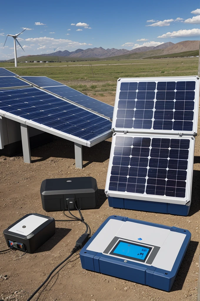 Imagine a model that represents a compact system with solar panels on top to capture sunlight. These panels are connected to a small energy storage device, like a battery, shown inside the mockup. From this battery, There are simulated cables that connect to various miniature electronic devices, such as mobile phones or flashlights, demonstrating how the SolarPak can power these devices. The design could also include visual details that represent an outdoor environment, like a camp or emergency situation, to contextualize the practical use of the SolarPak.