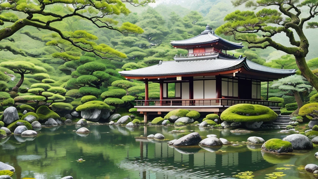 Peaceful scene, Ginkaku-ji (Silver Pavilion), Kyoto, Japan, tranquil garden, traditional Japanese architecture, wooden design, reflecting in pond, moss-covered rocks, maintained pathways, serene elegance, misty sky, natural beauty, lush greenery