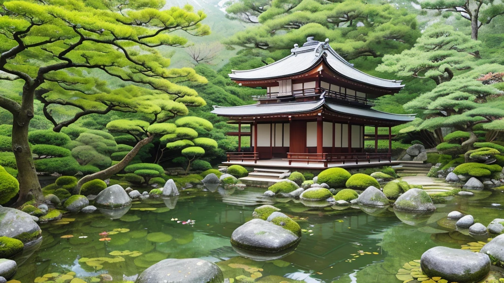 Peaceful scene, Ginkaku-ji (Silver Pavilion), Kyoto, Japan, tranquil garden, traditional Japanese architecture, wooden design, reflecting in pond, moss-covered rocks, maintained pathways, serene elegance, misty sky, natural beauty, lush greenery