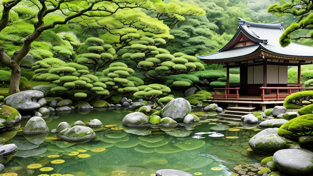 Peaceful scene, Ginkaku-ji (Silver Pavilion), Kyoto, Japan, tranquil garden, traditional Japanese architecture, wooden design, reflecting in pond, moss-covered rocks, maintained pathways, serene elegance, misty sky, natural beauty, lush greenery