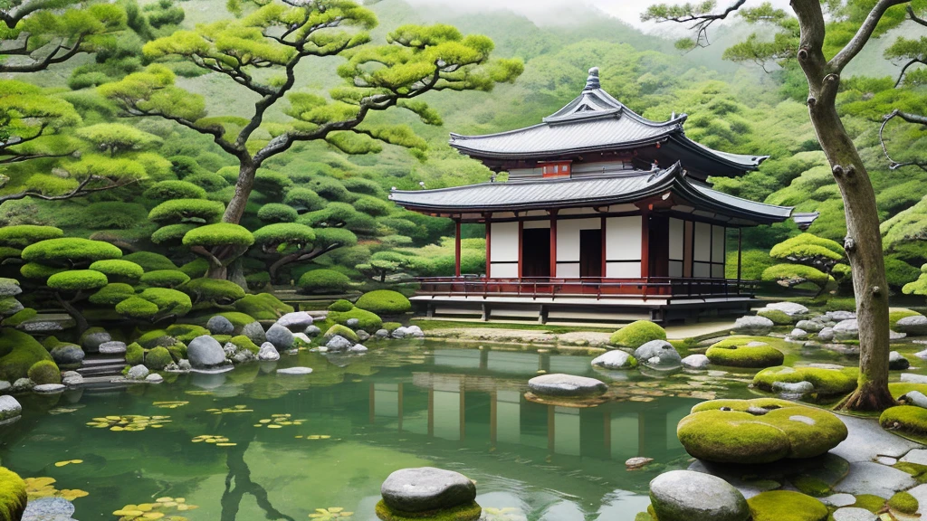 Peaceful scene, Ginkaku-ji (Silver Pavilion), Kyoto, Japan, tranquil garden, traditional Japanese architecture, wooden design, reflecting in pond, moss-covered rocks, maintained pathways, serene elegance, misty sky, natural beauty, lush greenery
