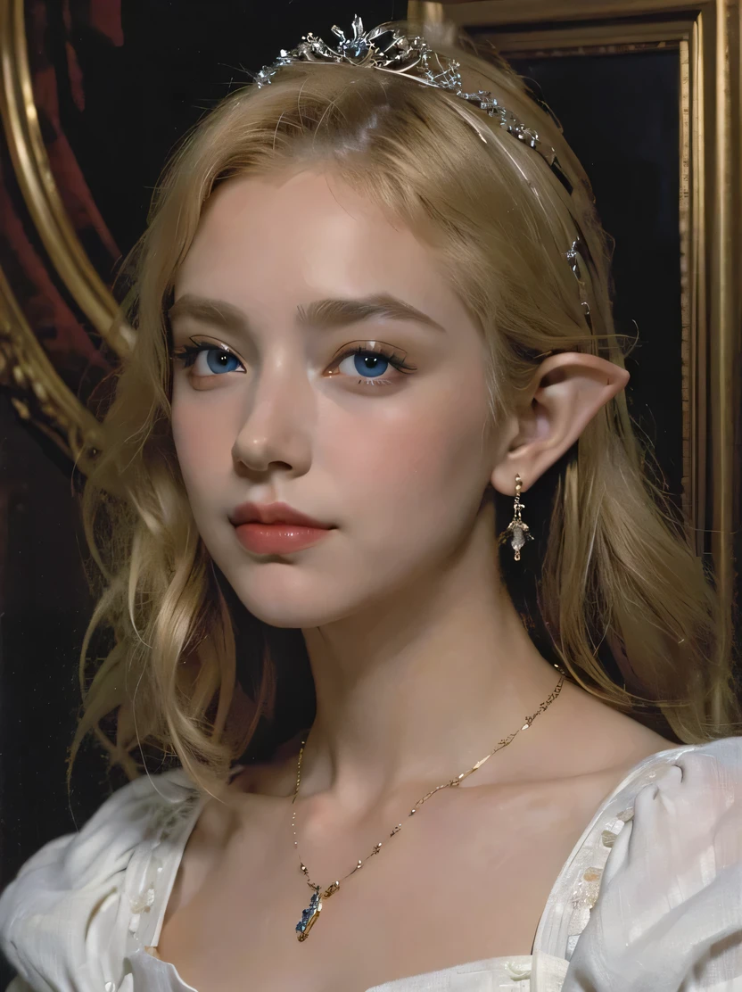 ((masterpiece、Highest quality、Very detailed、High resolution、Realistic、Sharp focus))、((Stunningly beautiful blonde female elf、(Mid Shot)、Focus on the chest up、Brightness of the face))、High contrast、High saturation、Stunning and gorgeous painting、galadriel、Gorgeous dress、Fantasy Portrait、With long hair and earrings、blue eyes、Detailed hand drawing、The background is a medieval room、fechin、oil painting