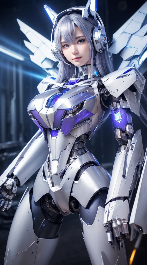 ((Intense action pose:1.6))、((Shining lenses on both breasts:1.3))、((Blue pillars of light are emanating from both chests.:1.3))、smile、((8K)), ((32k)), ((Highest quality)), ((masterpiece)), ((超A high resolution)), ((Tmasterpiece)), ((Halation:1.4))、((Mechaニカルheadgear:1.2))、((Cyber headphones:1.3))、Fine skin, High quality fabric, Fine metal texture、((Beautiful and dense face))、RAW Photos、Professional, Ultra-fine painting, ((alone)), Beautiful breasts、Highest quality, Very detailed, Very detailed詳細, Finer details, so beautiful, ((Princess Knight Robot:1.2)), (Joints of machines, Mechanical Limbs:1.3), (The internal structure of the machine is exposed:1.3), (Long silver hair:1.1), (Beautiful and huge mechanical breasts)、White Veil, cowboy_shot, Side Focus, headgear, Shiny、(Five Fingers, Four fingers and thumb),Concept Art, Anime fantasy artwork, Detailed fantasy art, (with pale blue-violet hair and large white wings,,,,,,,), (((Long silver hair))), (Mecha:1.6)、Sleek and intimidating design, ((Commander-in-Chief'arm)), (Perfect robot body)、純白と青紫armまたは, Symmetrical wings, 8K high quality, detailed art, 3D rendering of character art in 8K, neat legs, Defined, Defined fingers,