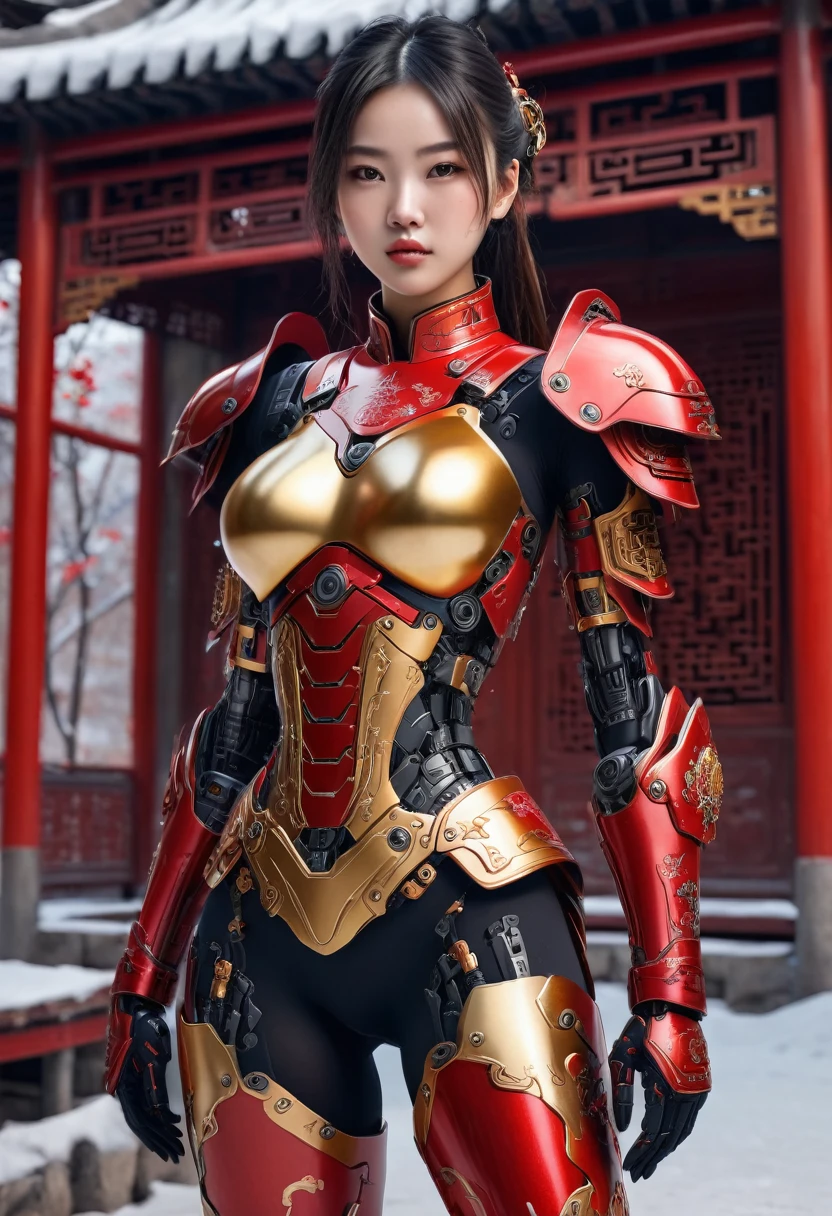 A portrait of a girl, costume semi cyborg Red combbination gold iron full body, middle breast, texture skin breast realistic, thight skin texture realistic, boots iron shoes, chinese style, typing art background, realist style, reality, photo, skin texture,dermatoglyphy,full body,snowscape,