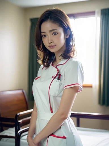 1 Girl,(Wearing white nurse clothes:1.2),(RAW Photos, Highest quality), (Realistic, photo-Realistic:1.4), masterpiece, Very delicate and beautiful, Very detailed, 2k wallpaper, wonderful, finely, Very detailed CG unity 8k wallpaper, Very detailedな, High resolution, Soft Light, Beautiful detailed girl, Very detailed eyes and face, Beautiful and detailed nose, finely beautiful eyes, nurse, Perfect Anatomy, Black Hair, Upstyle, nurse uniform, ((nurse cap)), Long skirt, nurse, White costume, thin, hospital, clear, White Uniform, hospital room, Neck auscultation,Close your face,Upper Body Shot