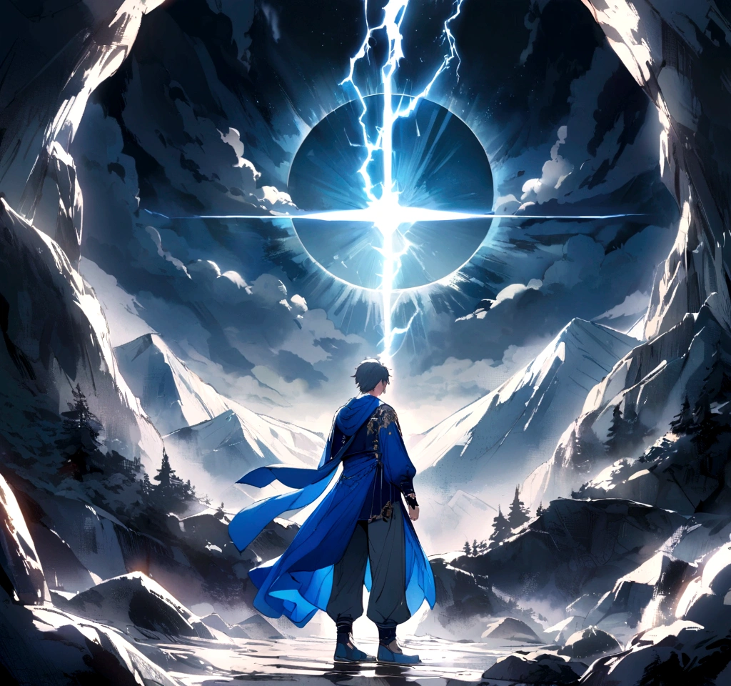A boy in blue clothes and gray pants on the edge of a mountain looking at lightning that shines through the portal below.