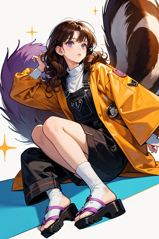 she has light orange oversized jacket that has three badges and Japanese text on it. Underneath the jacket are black overalls and a white shirt. she is wearing white socks and sandals. she has blue-purple eyes and brown hair that curls in a way that resembles a squirrel. SPARKLE; GLITTER