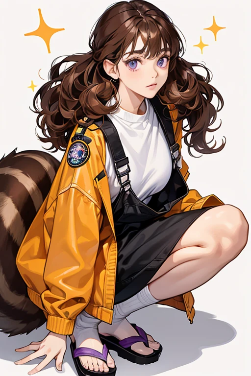 she has light orange oversized jacket that has three badges and Japanese text on it. Underneath the jacket are black overalls and a white shirt. she is wearing white socks and sandals. she has blue-purple eyes and brown hair that curls in a way that resembles a squirrel. SPARKLE; GLITTER