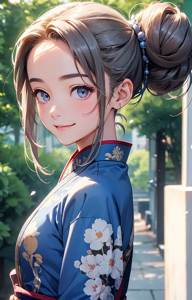 Highest quality、Realistic、Japanese、girl、zoom、cute、Grey Eyes、Hair Bun、Chestnut Hair、Back to all、the forehead is protruding、Blue Chinese Dress、Looking down、Big smile、Bust Shot、thin、Small breasts
