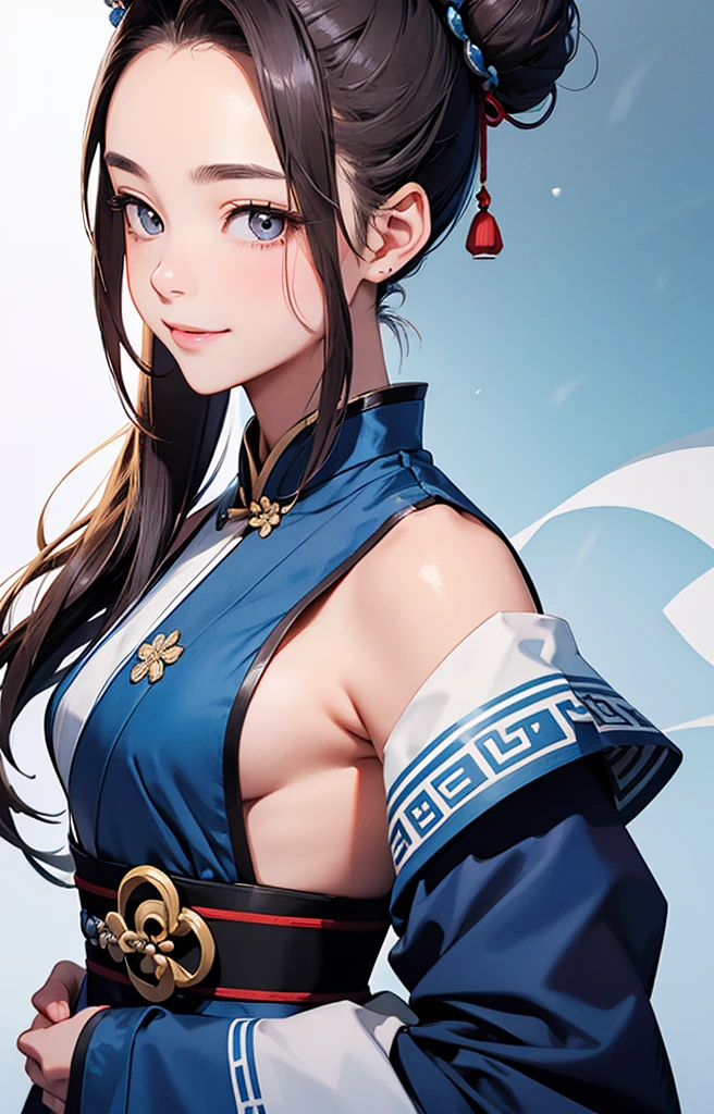Highest quality、Realistic、Japanese、girl、zoom、cute、Grey Eyes、Hair Bun、Chestnut Hair、Back to all、the forehead is protruding、Blue Chinese Dress、Looking down、Big smile、Bust Shot、thin、Small