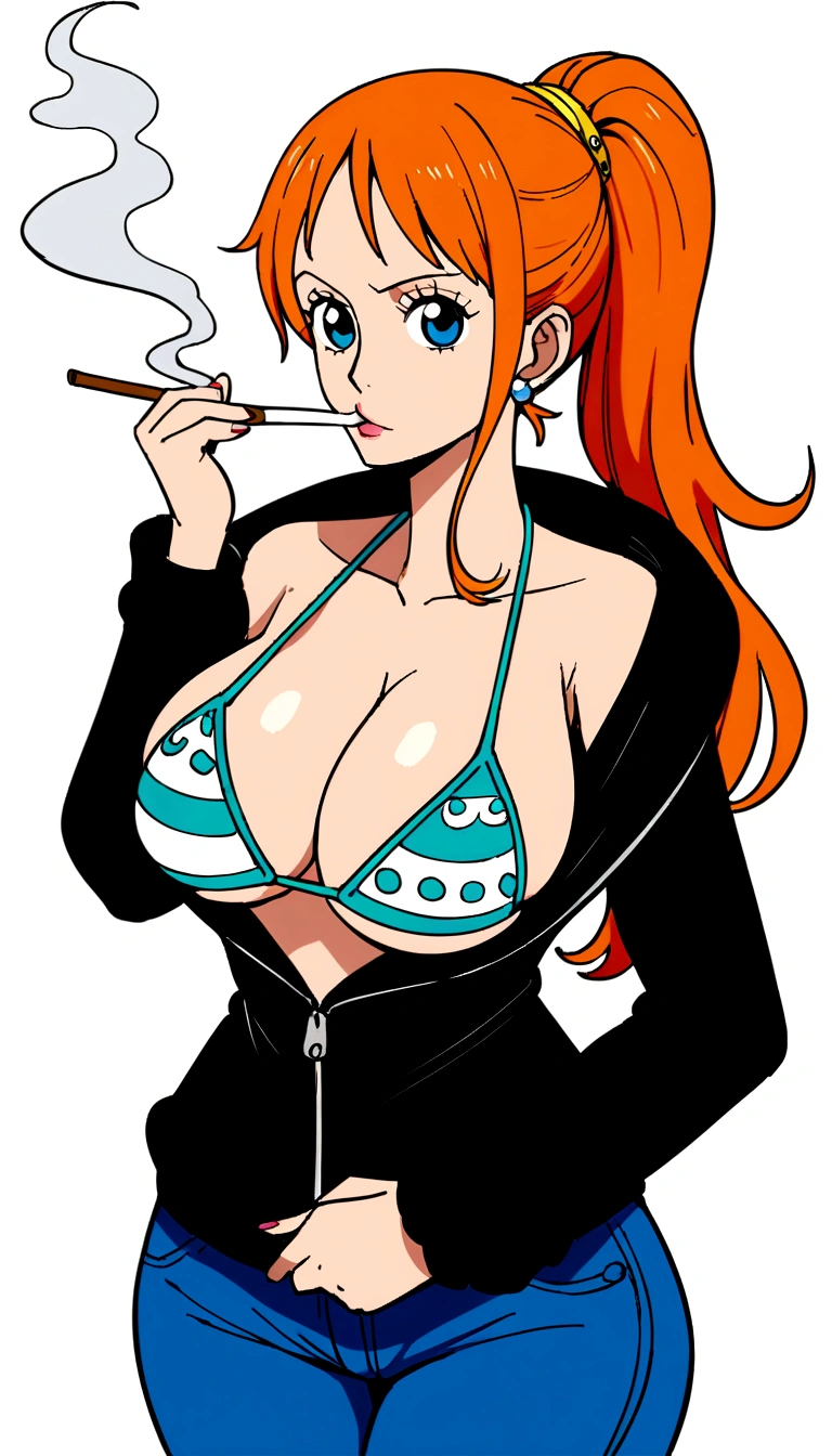 a cartoon picture of a woman in a bikini top and jeans, nami one piece, nami from one piece, nami, beautiful portrait of nami, from one piece, oppai, blue eyes, smoking, ponytail