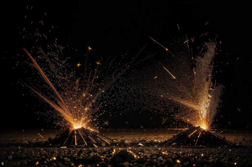 Fire embers particles over black background. Fire sparks background. Abstract dark glitter fire particles lights